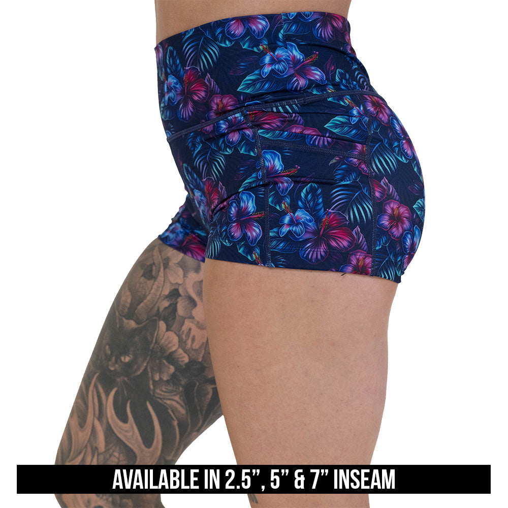 blue and pink tropical flower patterned shorts available in 2.5, 5 & 7 inch inseams