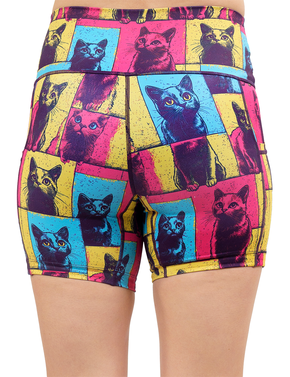 back of the red, blue, and yellow patchwork cat print 5 inch shorts against a white background