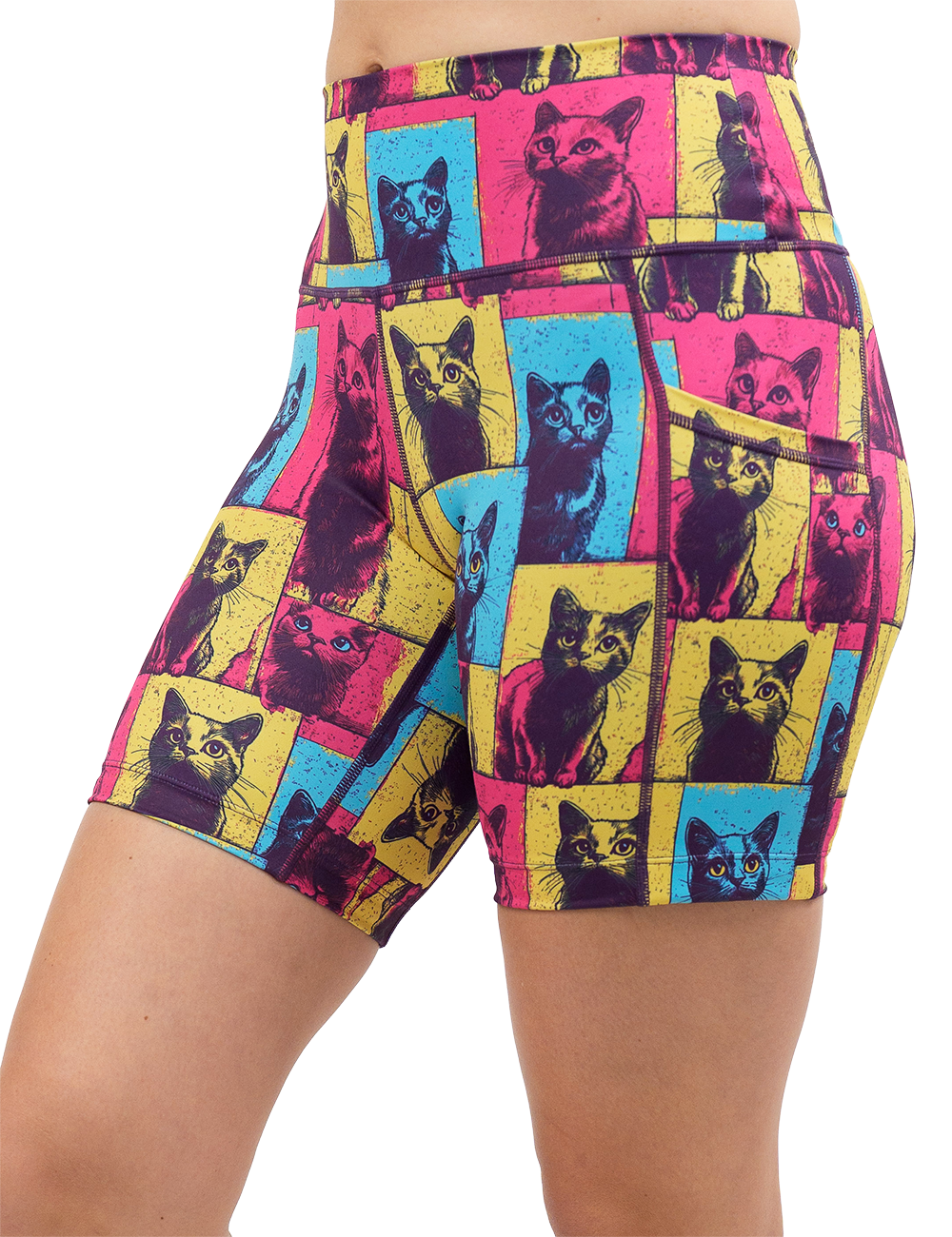 red, blue, and yellow patchwork cat print 7 inch shorts facing the front against a white background