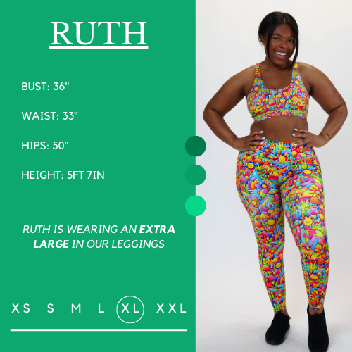 Model's measurements of 36 inch bust, 33 inch waist, 50 inch hips, and height of 5 foot 7 inches. She is wearing a size extra large in these leggings