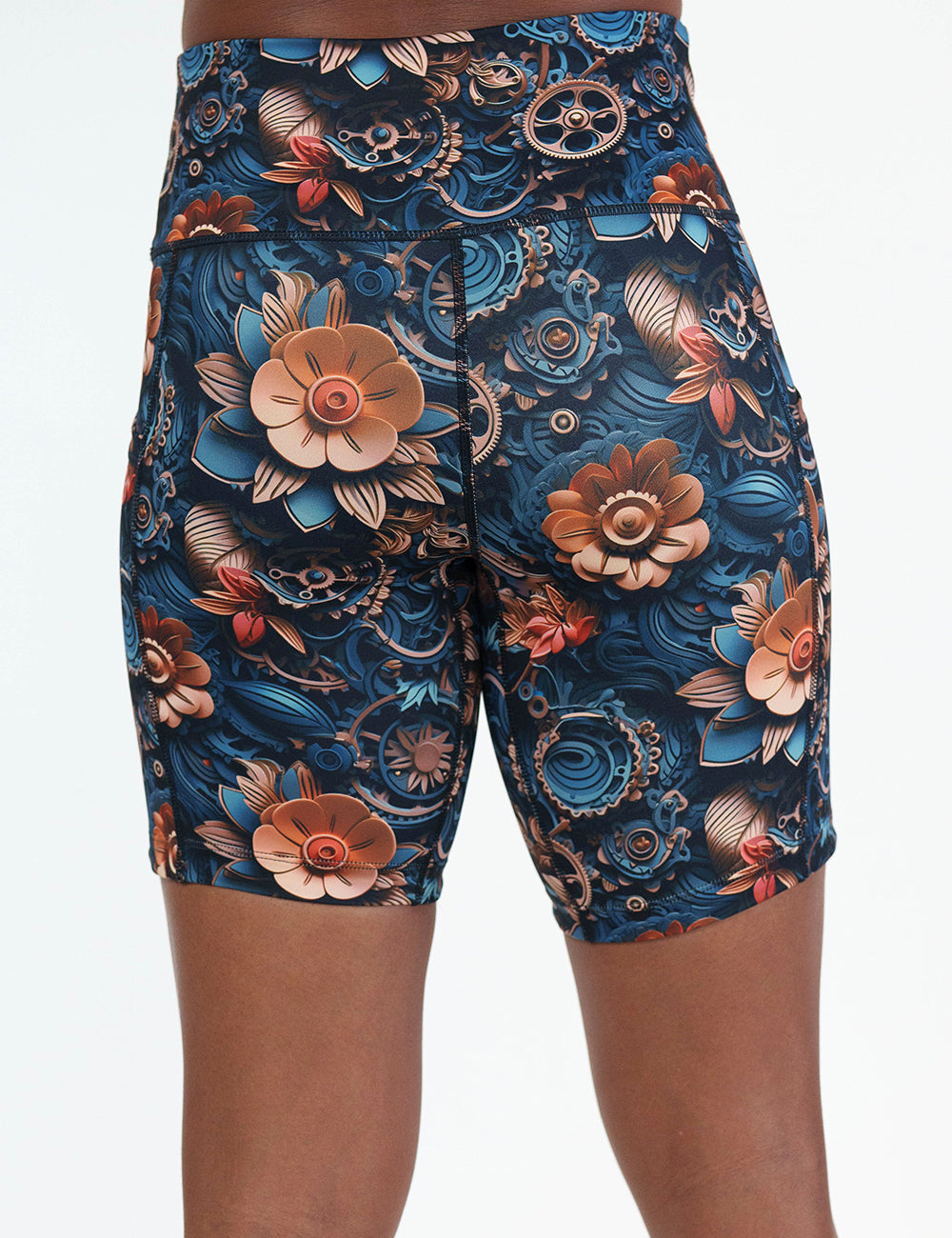 back of the 7 inch mechanical flower print shorts against a white background