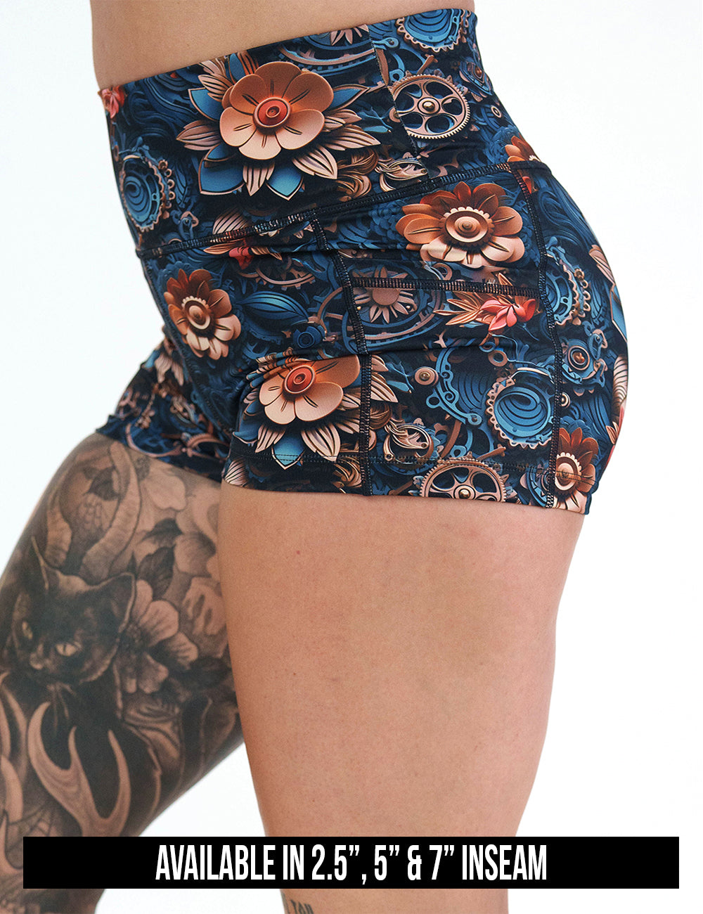 available inseam lengths for the mechanical flower print shorts, lengths include 2.5, 5, and 7 inches