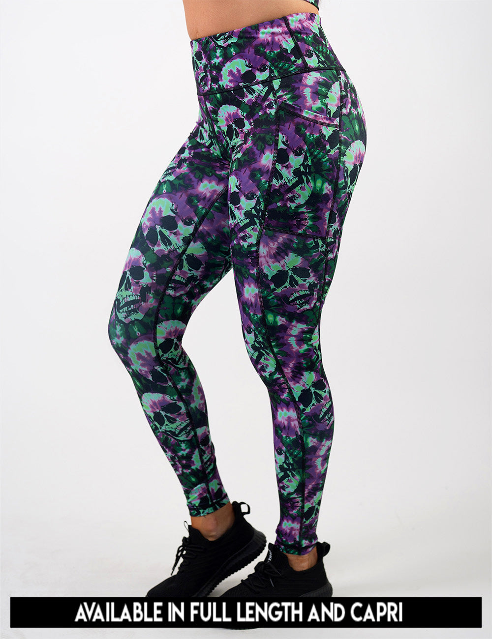 available lengths for the purple and green tie dye skulls leggings, lengths include full length and capri