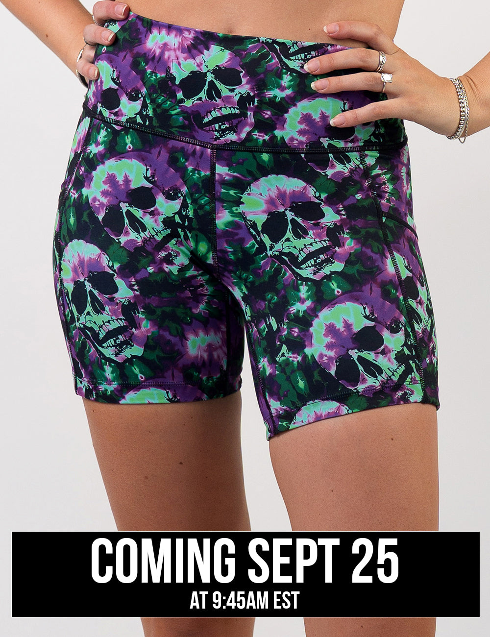 front of the purple and green tie dye skulls 5 inch shorts coming September 25th