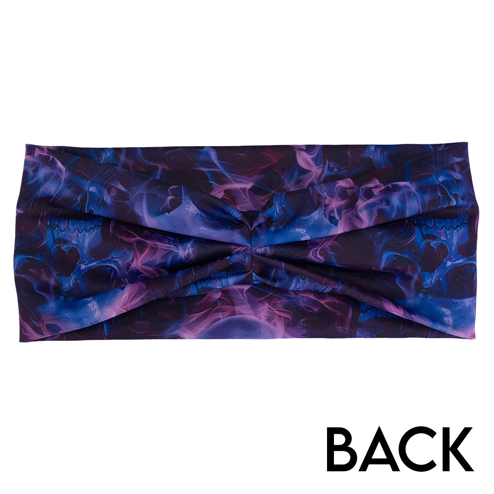 back of the purple and blue skull and flames patterned headband