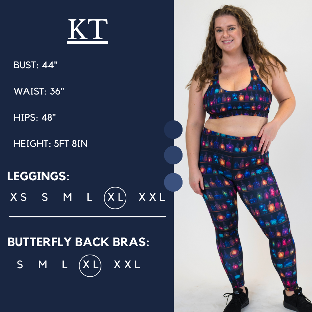 Model’s measurements of 44” bust, 36” waist, 48” hips and height of 5 ft 8 in. She is wearing a size x-large in our leggings and a size x-large in our butterfly back bra