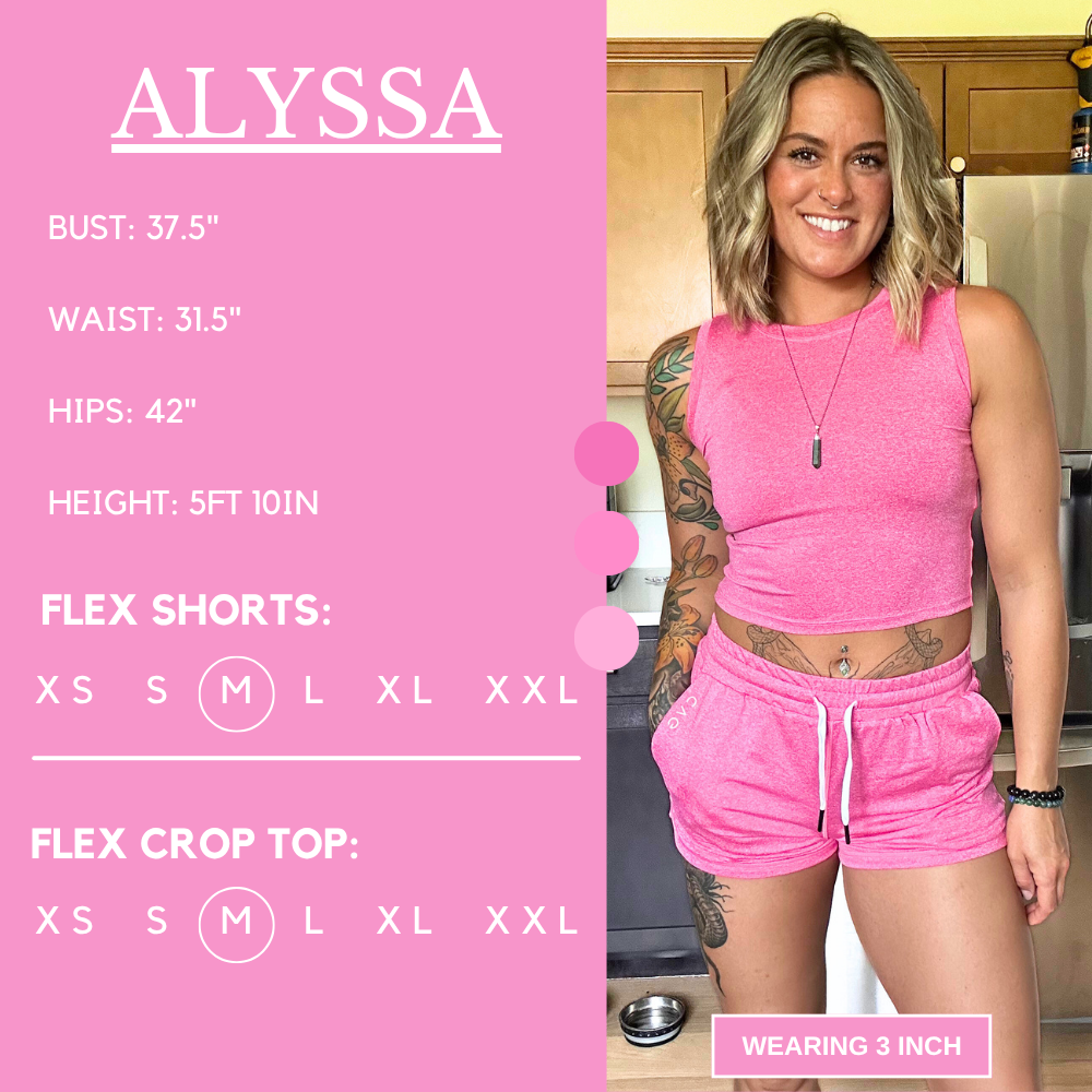 Model’s measurements of 37.5” bust, 31.5” waist, 42” hips and height of 5 ft 10 inches. She is wearing a size medium in our flex shorts & crop tops