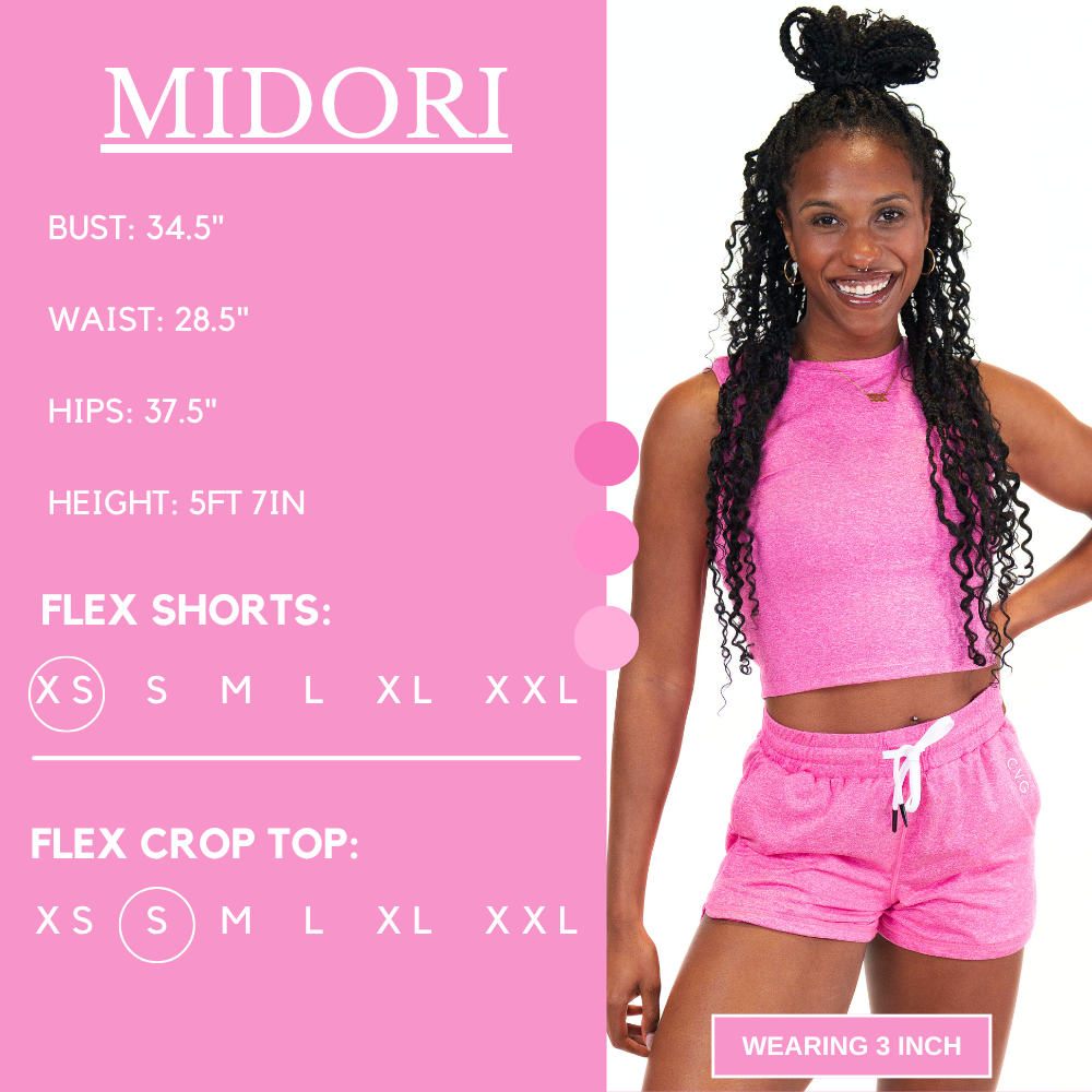 Model’s measurements of 34.5” bust, 28.5” waist, 37.5” hips and height of 5 ft 7 inches. She is wearing a size extra small in our flex shorts and small in our flex crop top