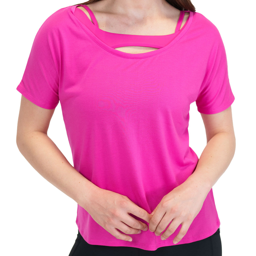 model wearing a pink slouchy tee