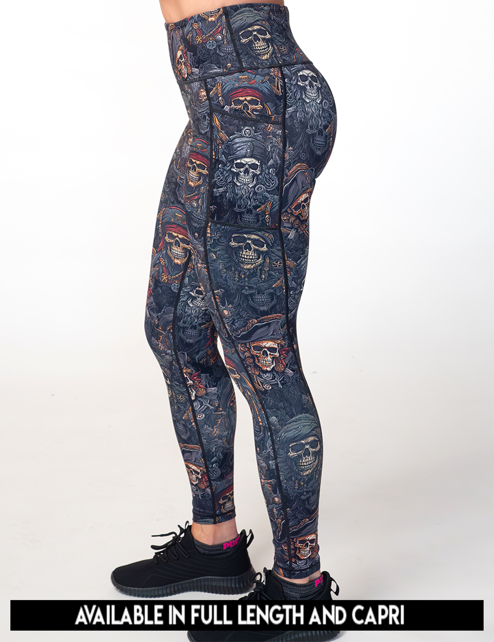 available lengths for the pirate skull leggings, lengths include full length and capri