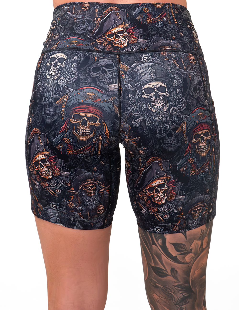 back of the 7 inch pirate skulls shorts against a white background