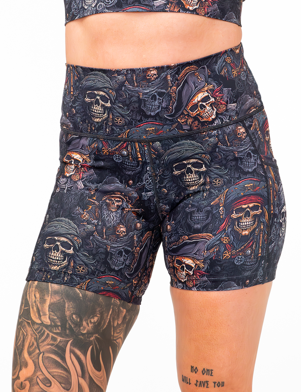 close up of the 5 inch pirates skulls shorts against a white background