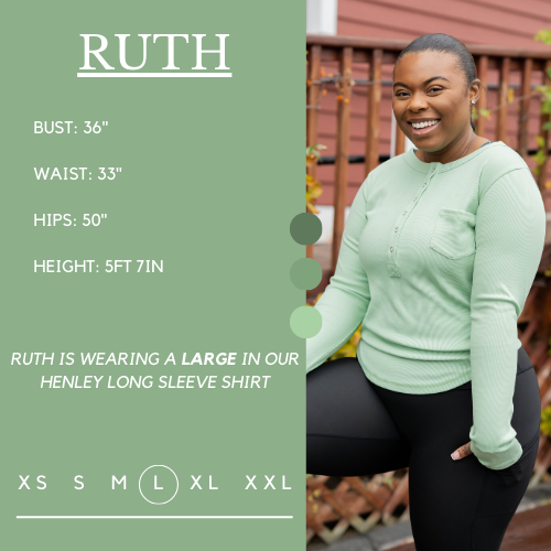 Model's measurements of 36 inch bust, 33 inch waist, 50 inch hips, and height of 5 foot 7 inches