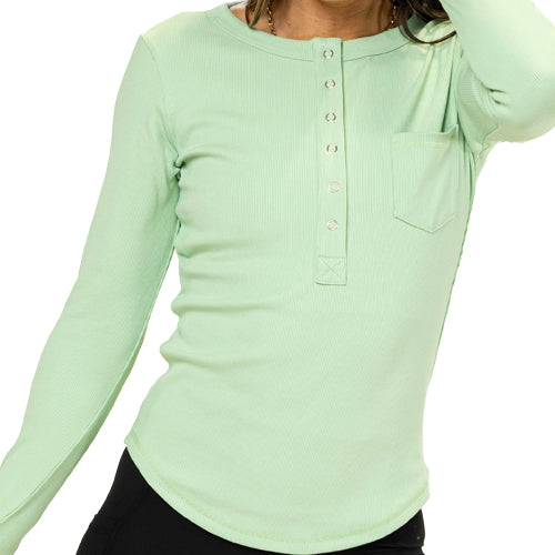 close up of pistachio henley long sleeve