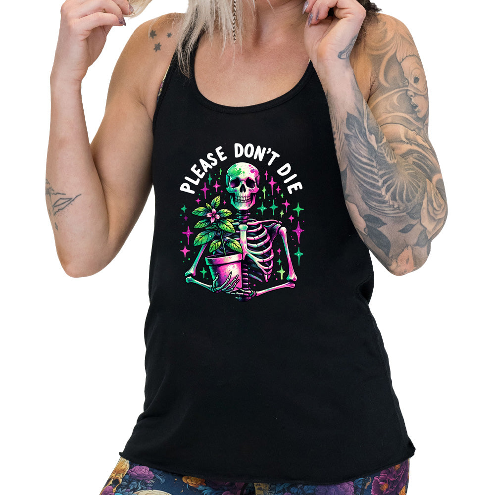 Model wearing black colored flowy tank with a skeleton holding a plant graphic on it that says "Please Don't Die"