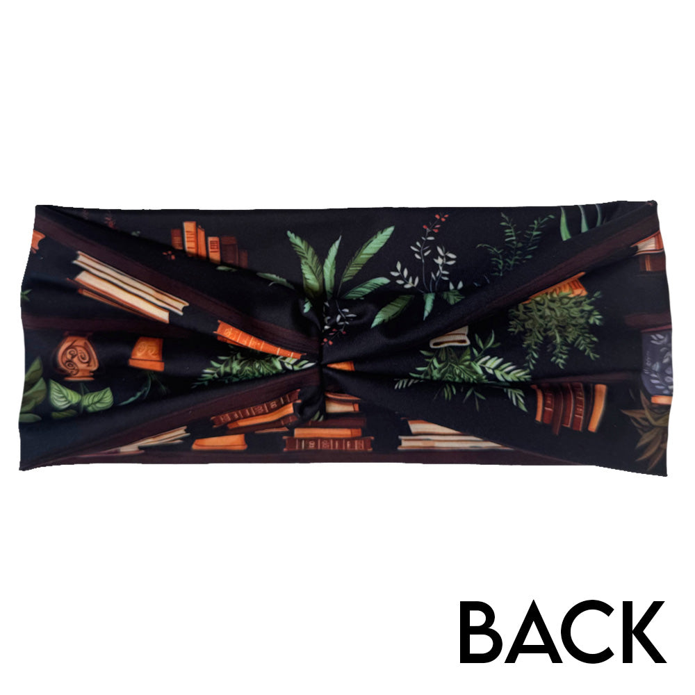 back of the floral patterned headband with books design on it