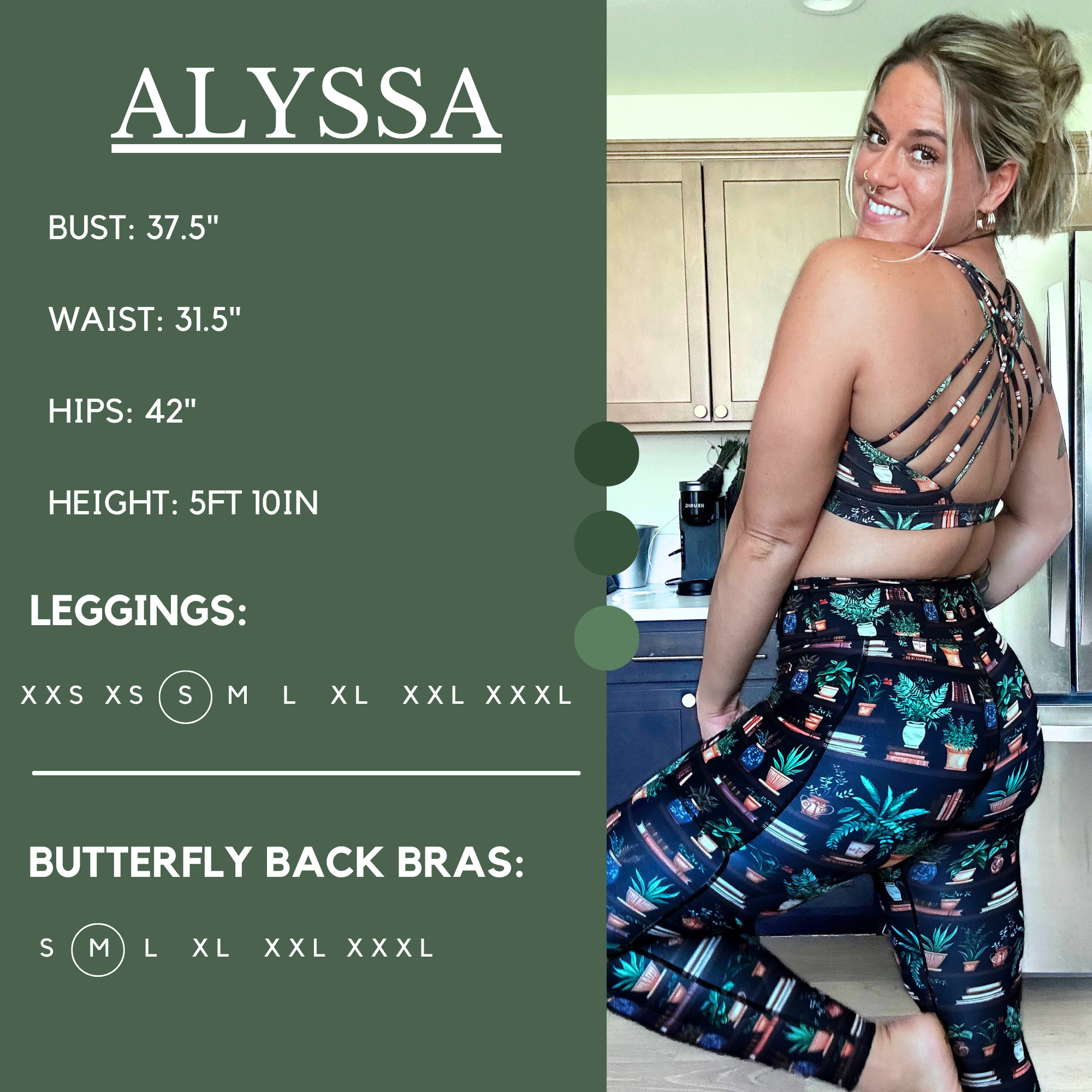 Model’s measurements of 37.5” bust, 31.5” waist, 42” hips and height of 5 ft 10 inches. She is wearing a size small in our leggings
