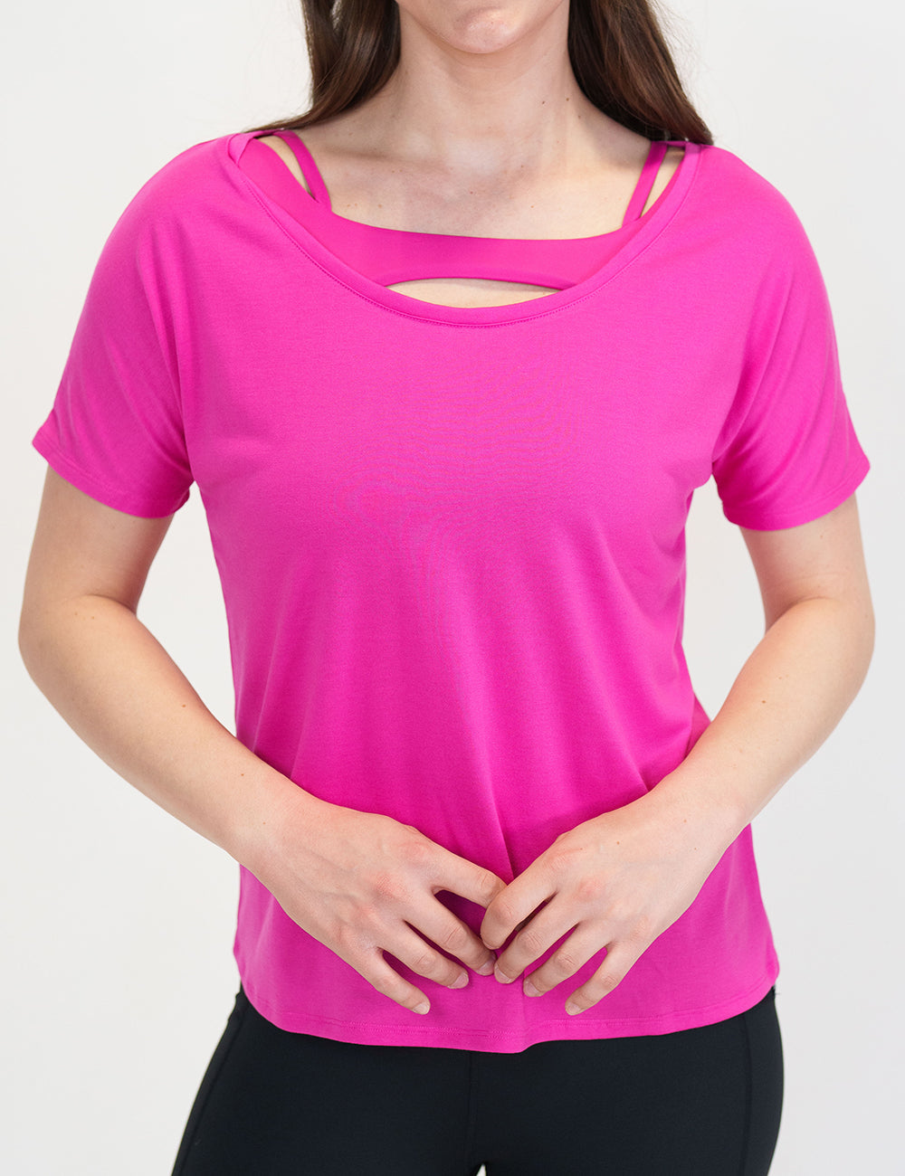 model wearing a pink slouchy tee