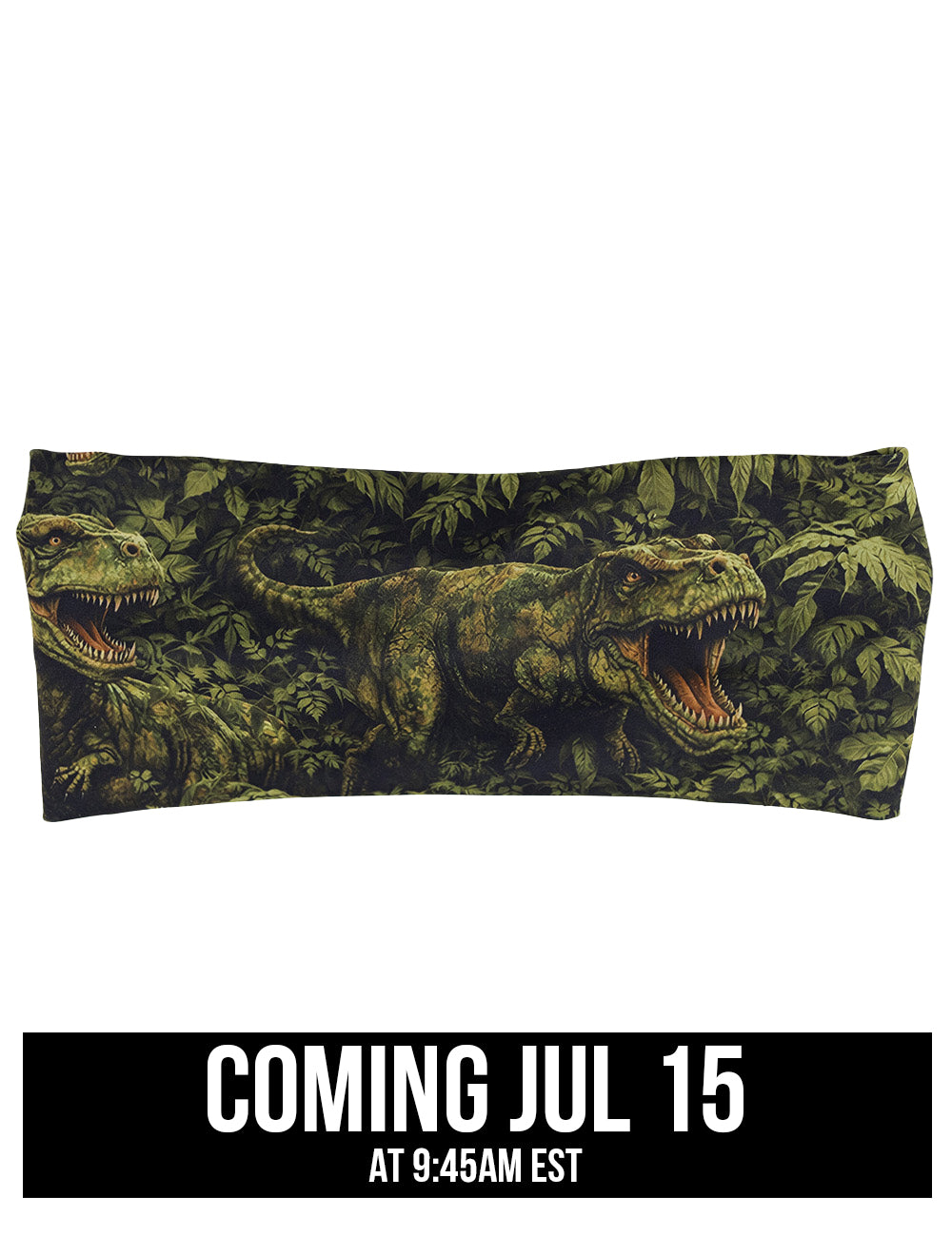 front of the t-rex forest headband against a white background, coming july 15th