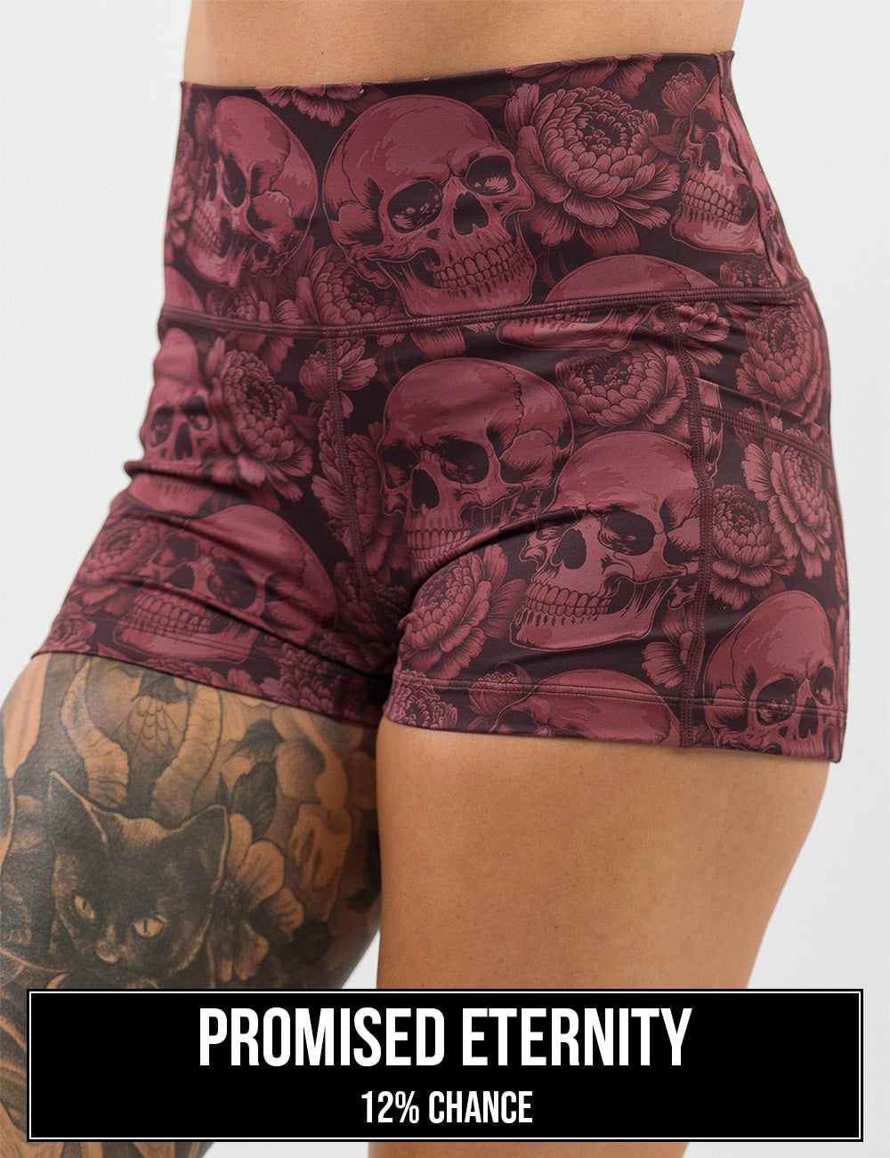 front of the red skulls with red flowers print 2.5 inch shorts, the name of this print is promised eternity and it has a 12% chance of being unboxed