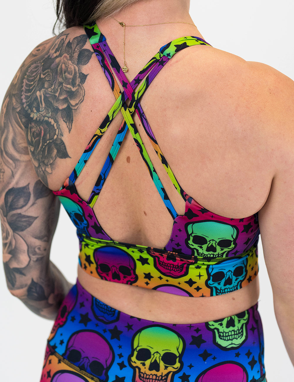 back of the rainbow skull print longline bra