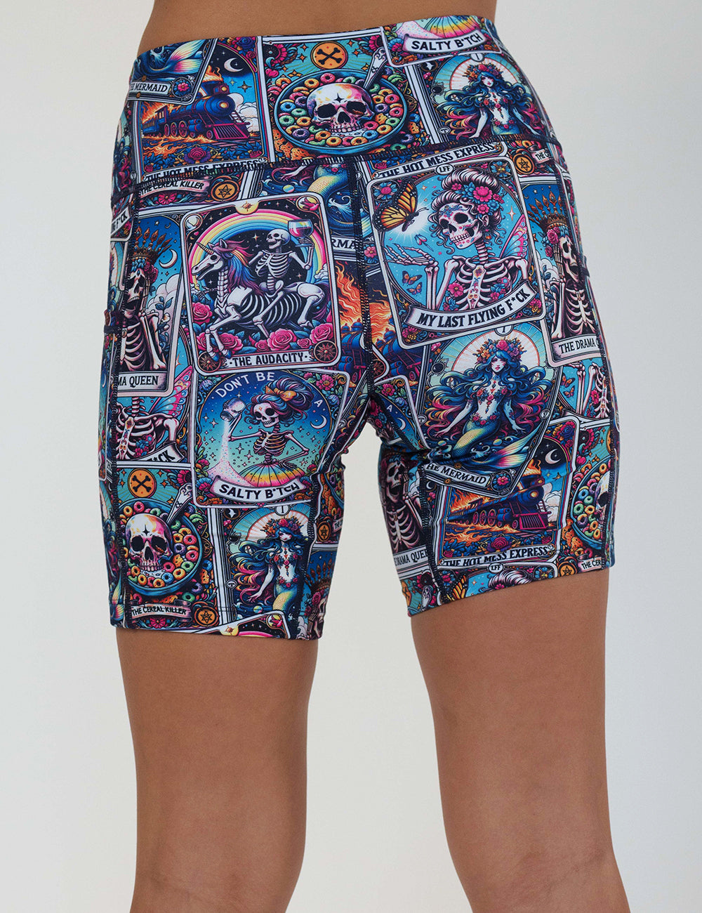 back of the 7 inch skeleton tarot card shorts against a white background