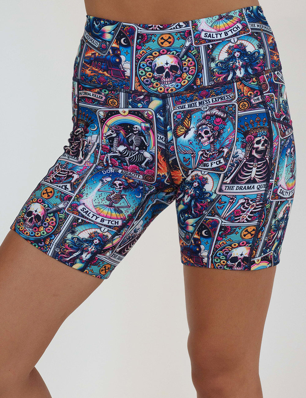 front of the 7 inch skeleton tarot card shorts against a white background
