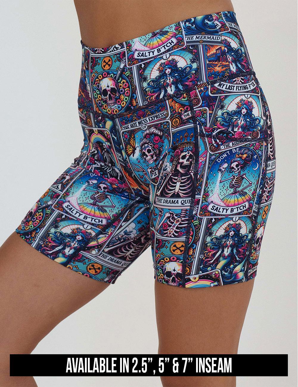 available inseam lengths for the tarot card skeletons shorts. Lengths are 2.5, 5, and 7 inches