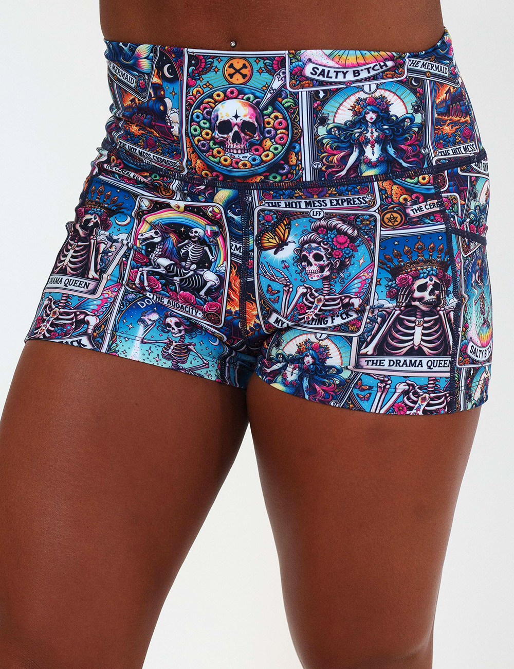 close up of the 2.5 inch tarot card skeletons shorts against a white background