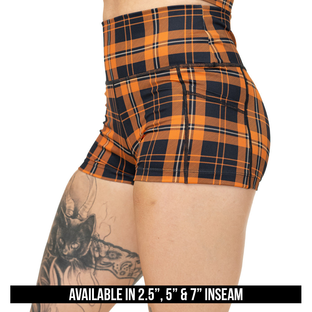 orange plaid shorts available in 2.5, 5 & 7 inch inseams