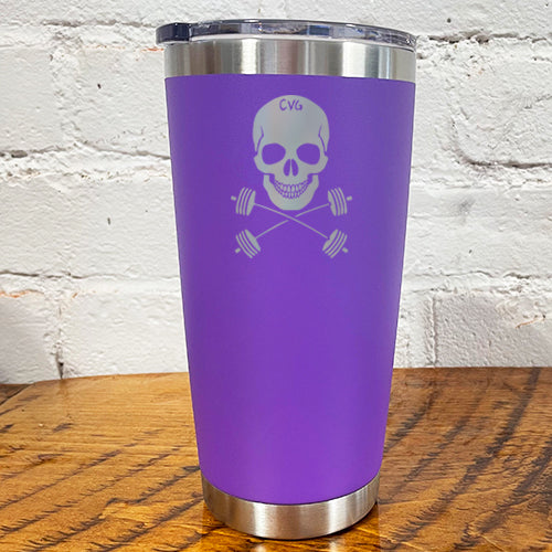 purple tumbler with skull and barbell crossbones design