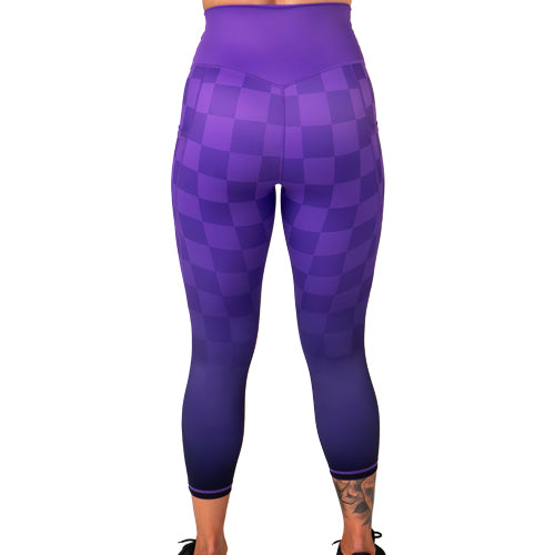 back view of purple ombre checkered leggings