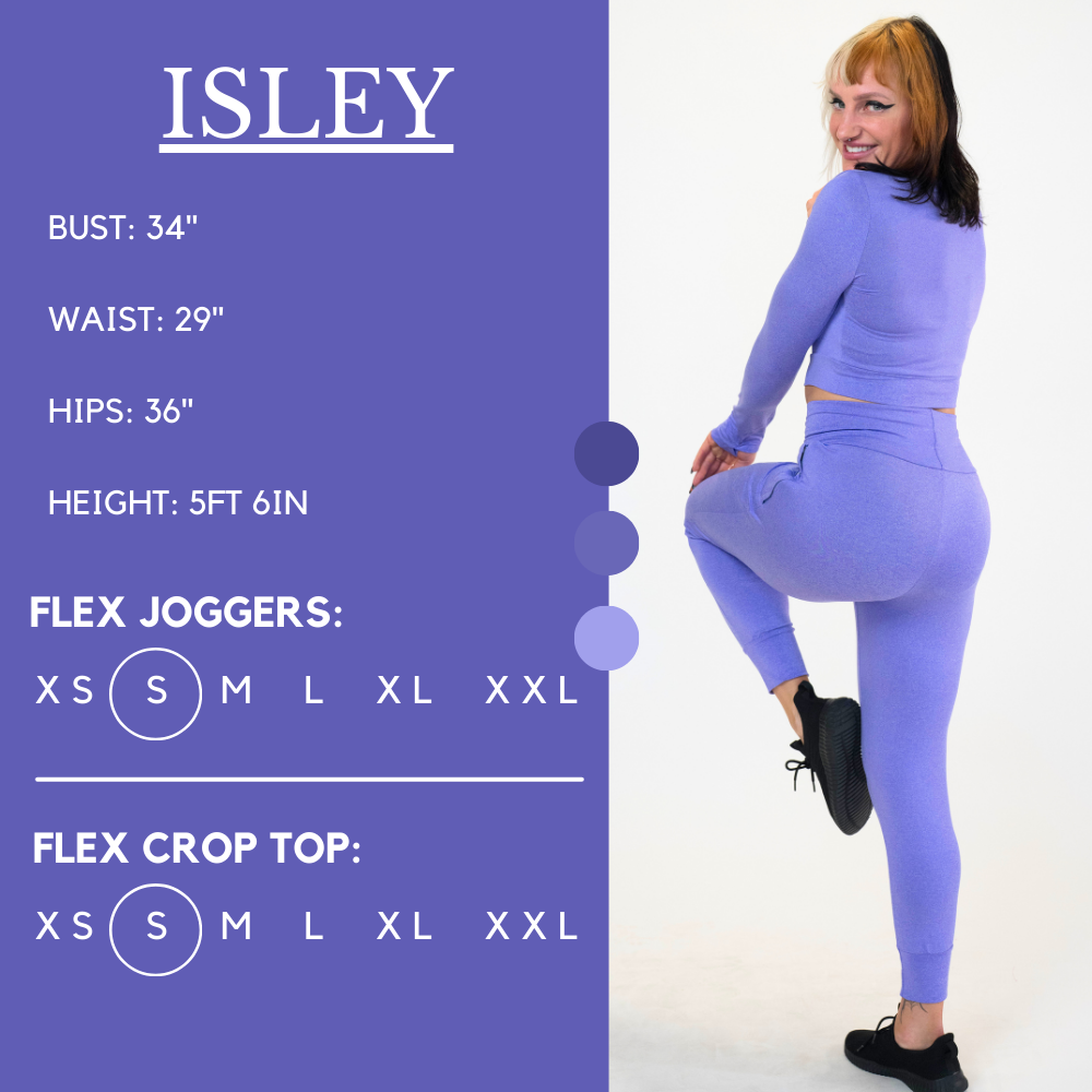 Model’s measurements of 34” bust, 29” waist, 36” hips and height of 5 ft 6 in. She is wearing a size small in our flex joggers and a size small in our flex crop top
