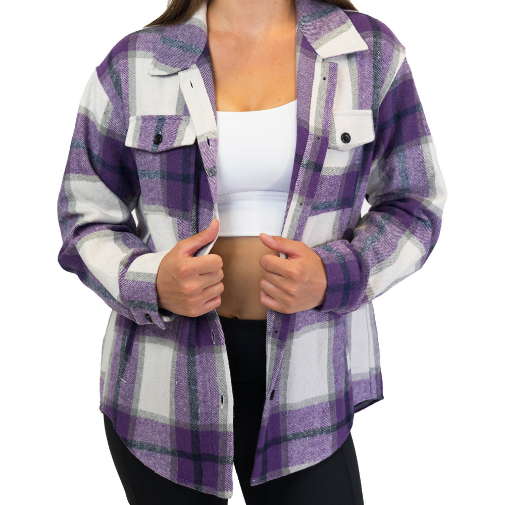 model wearing the purple plaid shacket