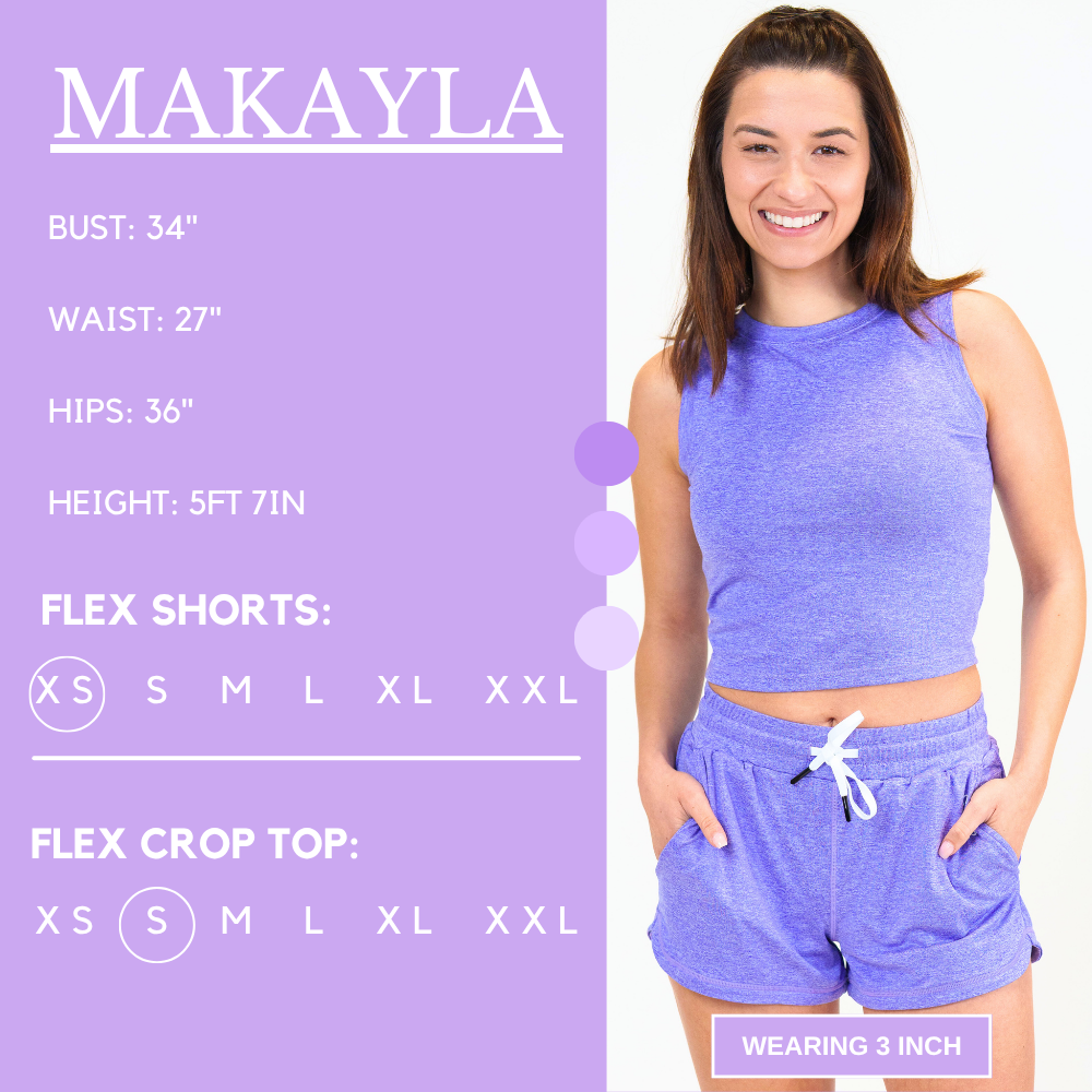 Model’s measurements of 34” bust, 27” waist, 36” hips and height of 5 ft 7 in. She is wearing a size x-small in our flex shorts and a small in our flex crop top