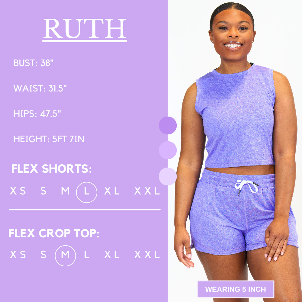 Model’s measurements of 38” bust, 31.5” waist, 47.5” hips and height of 5 ft 7 inches. She is wearing a size large in our flex shorts and a size medium in our crop top