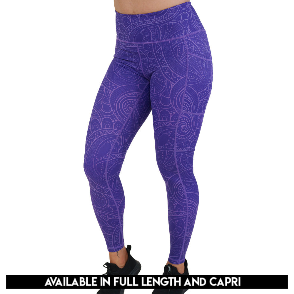 purple leggings with a spiral design available in full and capri length