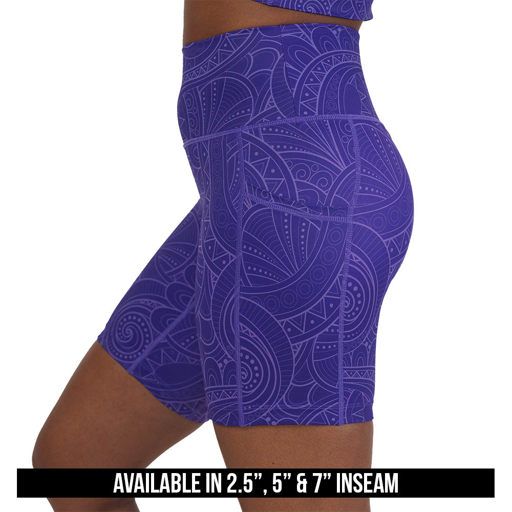 purple shorts with a spiral design available in 2.5, 5 & 7 inch inseams
