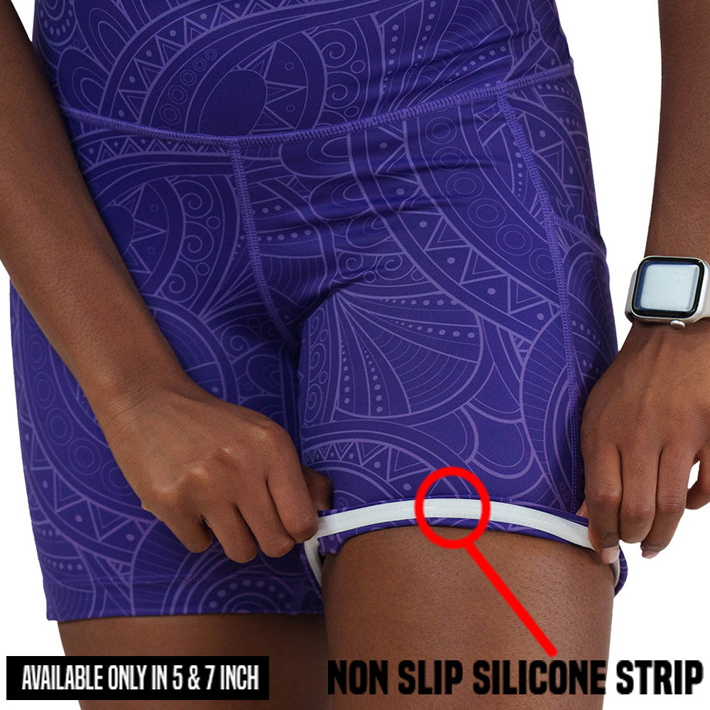 non slip strip on the purple shorts with a spiral design