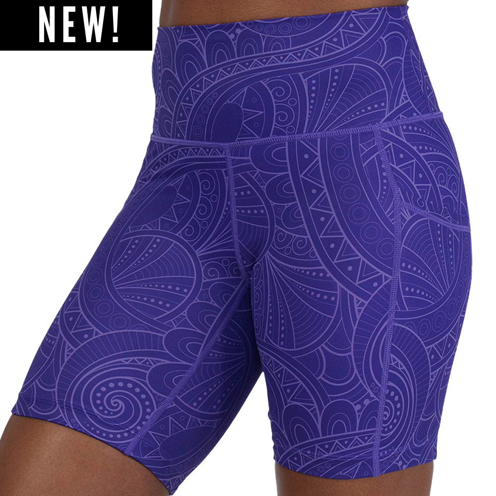 purple shorts with a spiral design