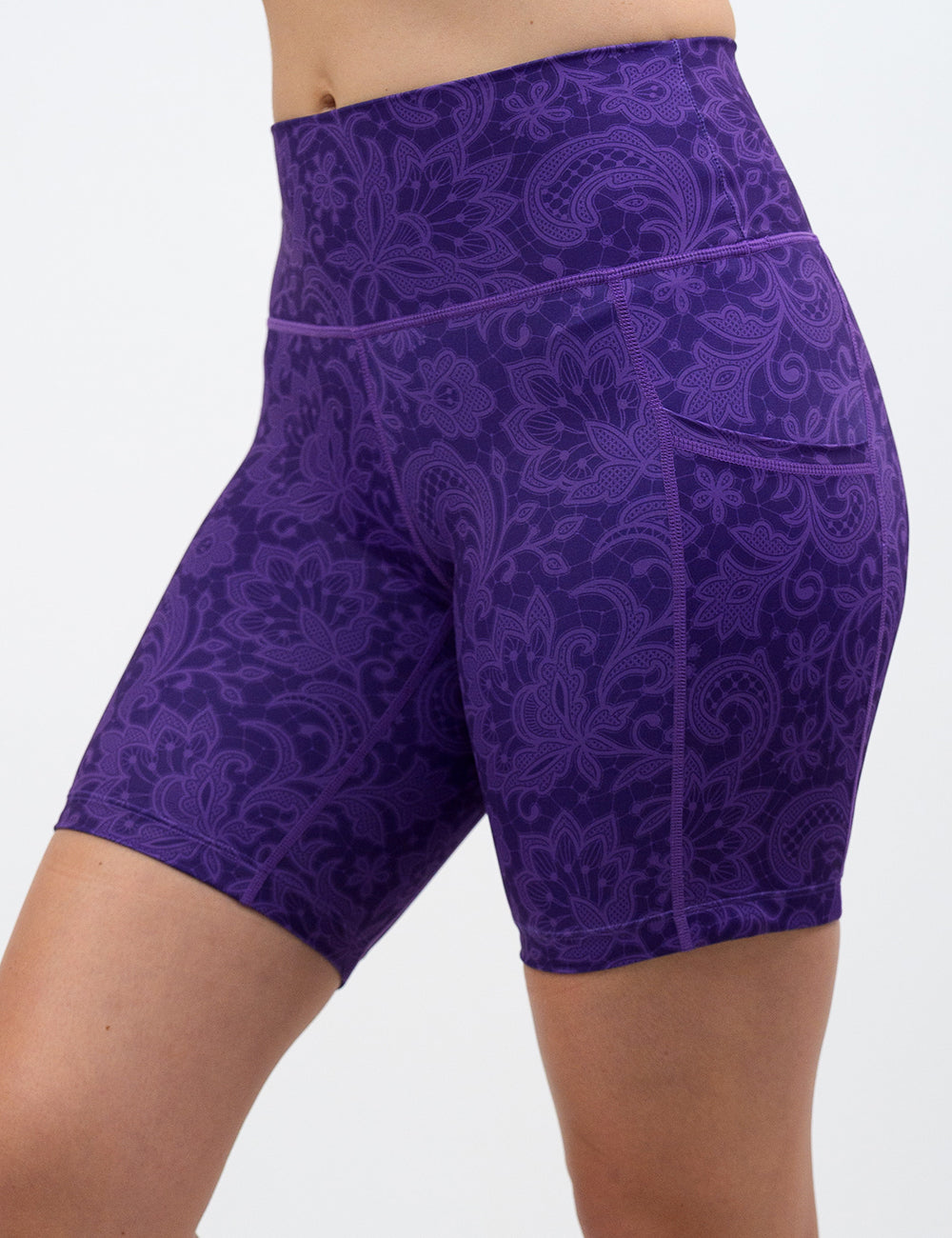 front of the 7 inch purple paisley shorts against a white background