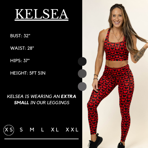 Model’s measurements of 32” bust, 28” waist, 37” hips and height of 5 ft 5 inches. She is wearing a size extra small in our leggings