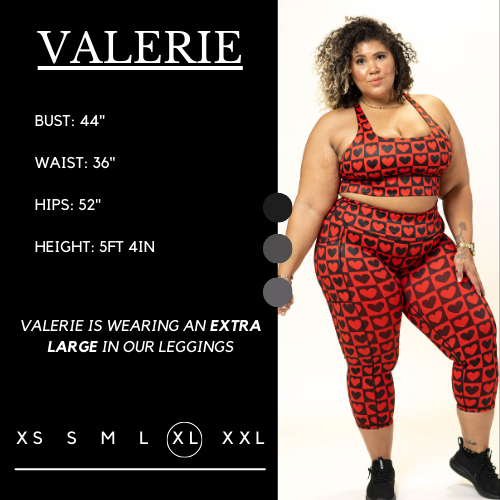 Model’s measurements of 44” bust, 36” waist, 52” hips and height of 5 ft 4 inches. She is wearing a size extra large in our leggings