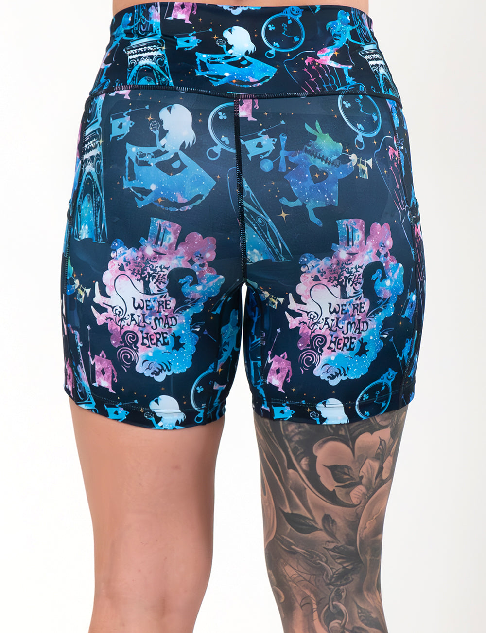 back of the 5 inch alice in wonderland inspired shorts against a white background