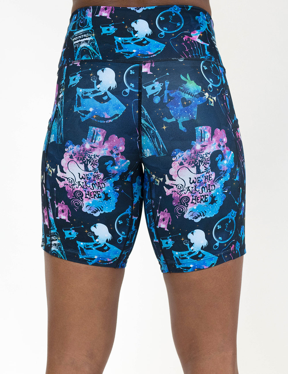 back of the 7 inch alice in wonderland inspired shorts against a white background