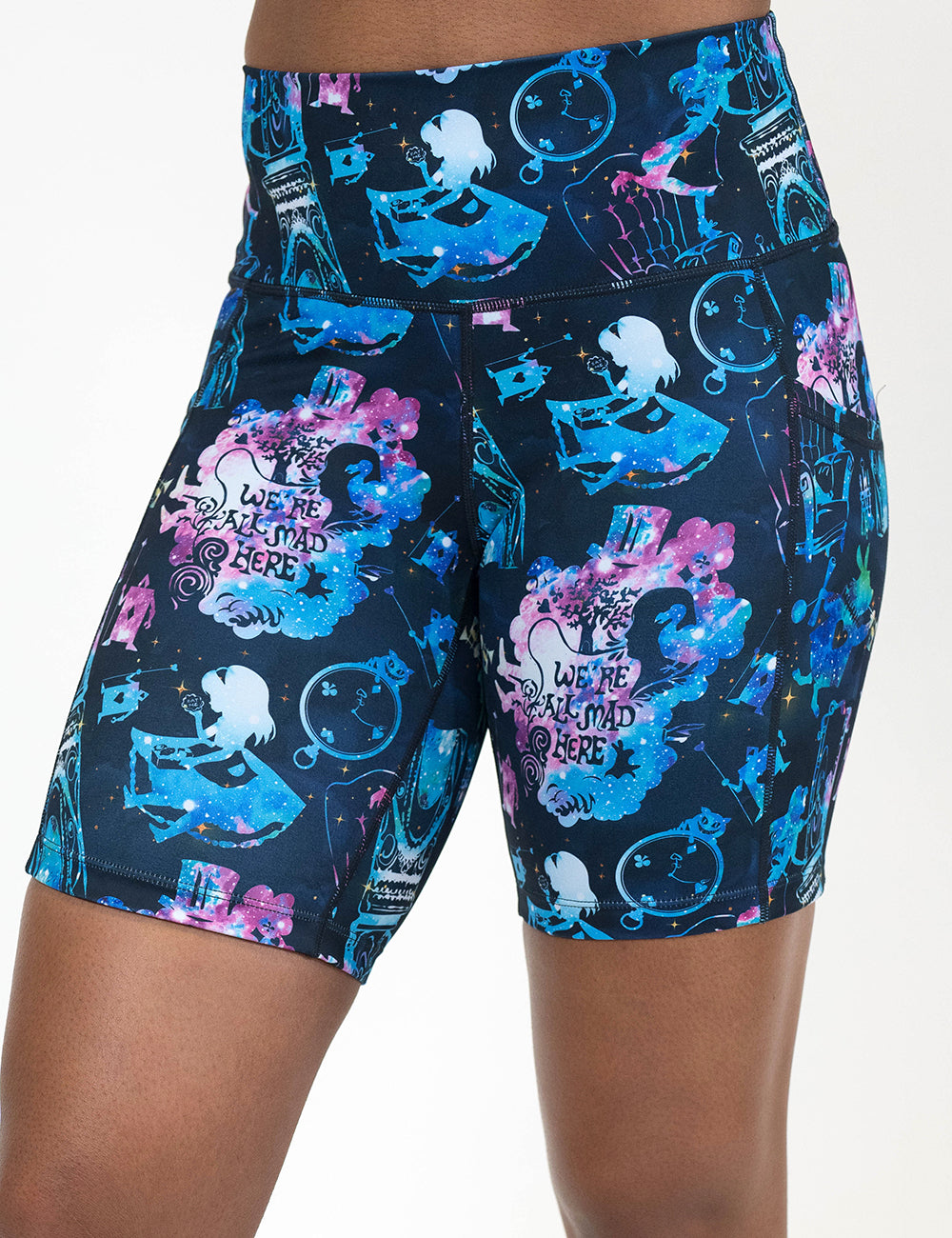 front of the 7 inch alice in wonderland inspired shorts against a white background