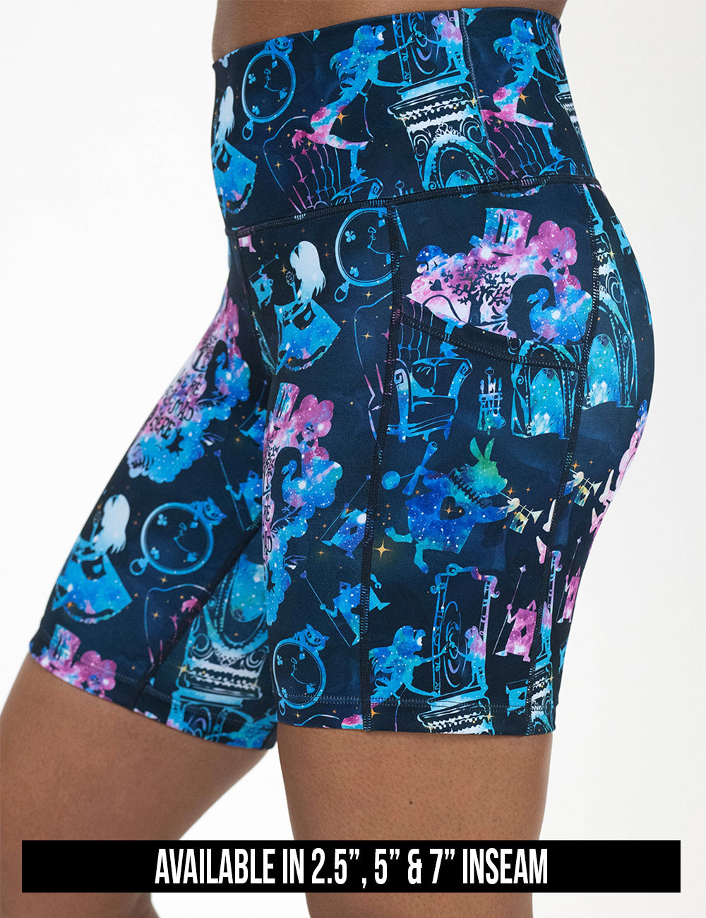 available inseam lengths for the alice in wonderland inspired shorts, lengths include 2.5, 5, and 7 inches