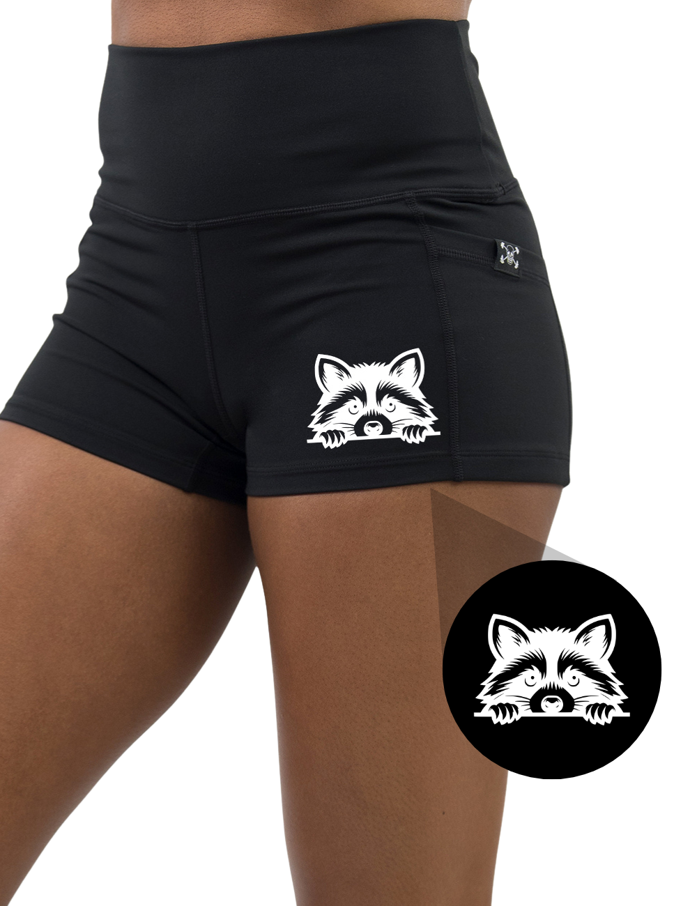 front of the raccoon graphic 2.5 inch black shorts against a white background