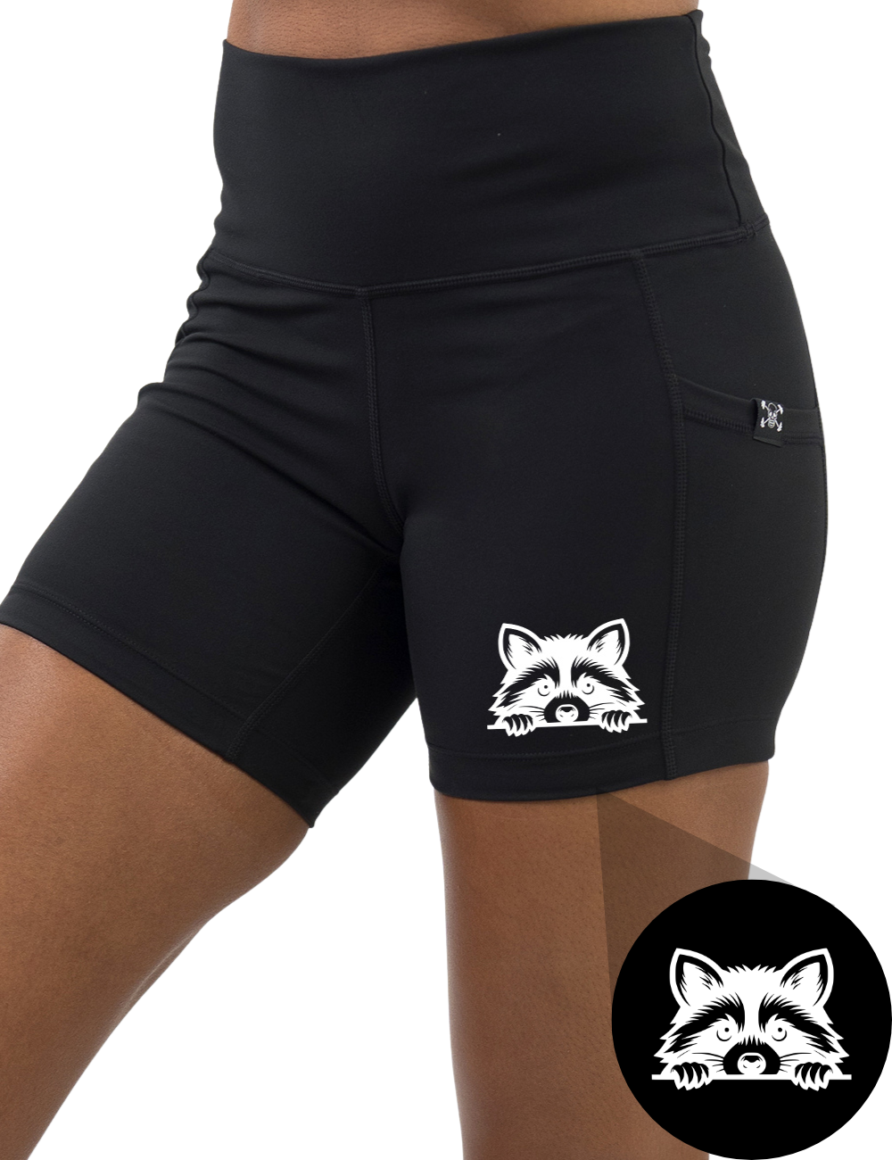 front of the raccoon graphic 5 inch black shorts against a white background