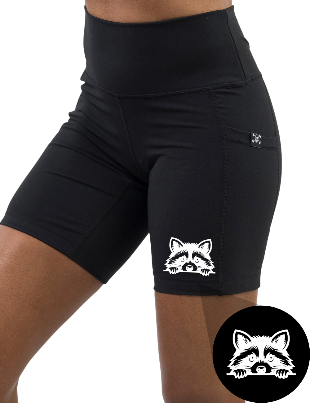 front of the raccoon graphic 7 inch black shorts against a white background